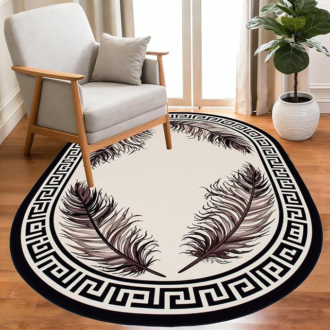 Light Beige Tan Black Greek Key Pattern Bordered Large Rugs for Living Room Bedroom Dining Room Machine Washable Non Skid Soft Area Rug 2x3 Nursery Dorm Guestroom Minimalist Oval Floor Mats Carpet