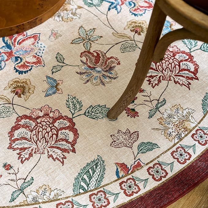 jinchan Elora 6ft Floral Round Rug for Dining Room Washable Living Room Rug Vintage Romance Design Non Slip Indoor Floor Cover Lightweight Low-Profile Throw Carpet for Bedroom Porch Patio, Red/Beige