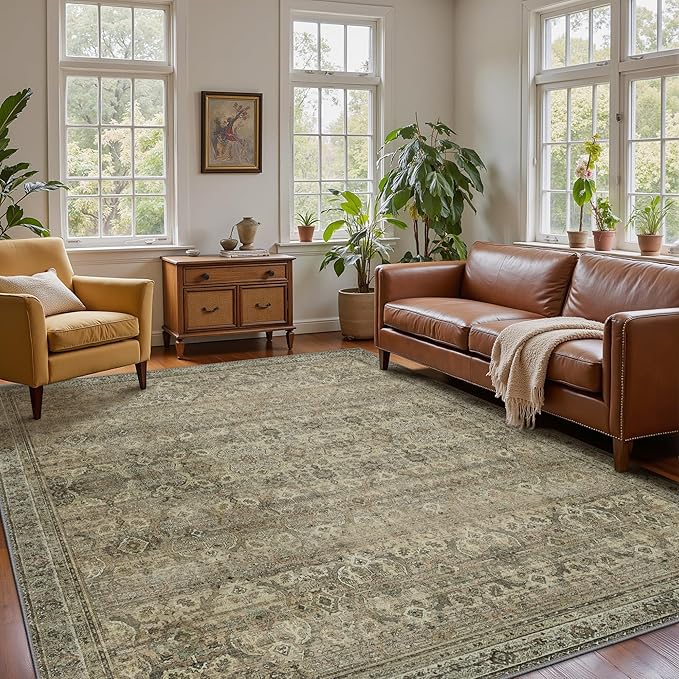 9x12 Area Rug Machine Washable Boho Rug for Living Room,Ultra-Thin Low Pile Carpet,Lightweight Indoor Printed Rug,Non Slip Floral Area Rug for Bedroom, Dining Room, Home Office,Sage