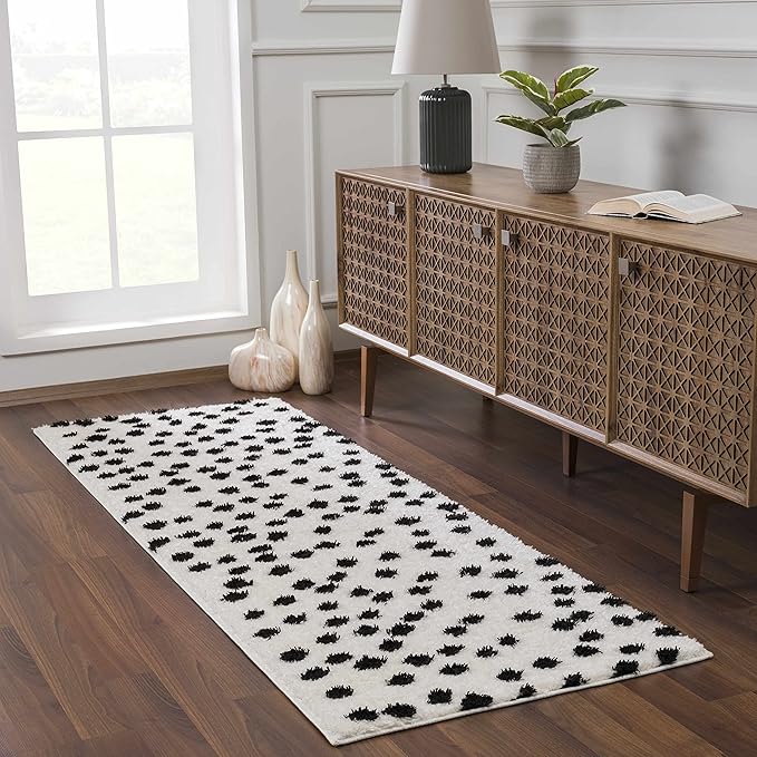 Hauteloom Tilos Dalmatian Hallway, Entryway Shag Runner Rug - Shaggy Runner Rug - Dot Pattern - High Plush Pile - Black, White - 2'7" x 7'3"