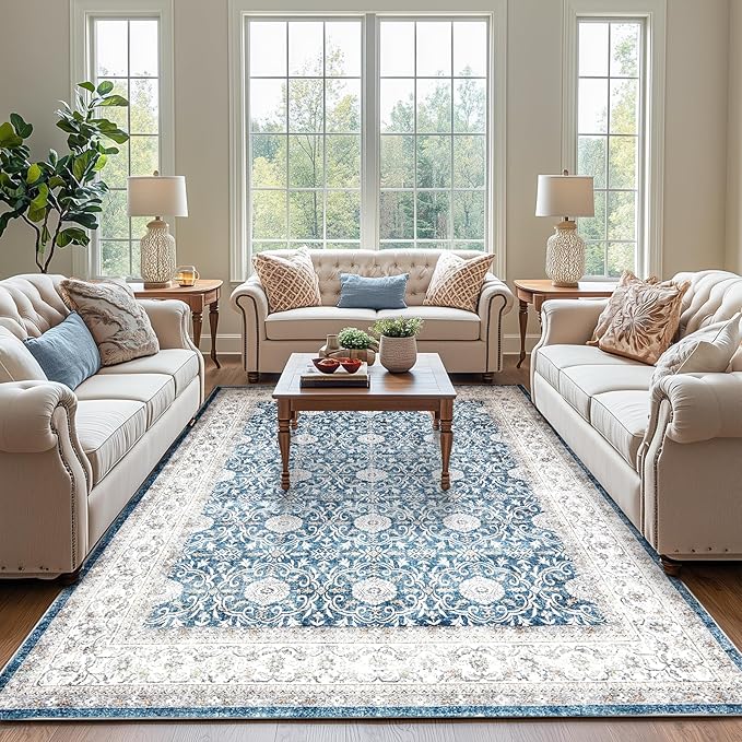 jinchan Floral 6x9 Area Rug for Living Room - Machine Washable Vintage Distressed Boho Design Throw Rug Stain Resistant Carpet Low-Pile Thin Non-Slip for Bedroom Dining Room Nursery (6‘x9', Dark Blue)