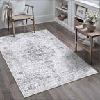 HUGEAR Washable 3x5 Area Rugs Retro Grey Living Room Bedroom Rug Vintage Distressed Non Slip Stain Resistant Low Pile Neutral Throw Carpet for Home Decor