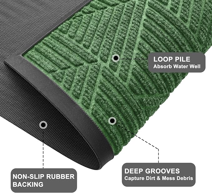 Kitinjoy Front Door Mat Outside Entrance, Sturdy Natural Dirt Trapper, Heavy Duty Rubber Doormat, Low Profile Non-Slip Backing, Easy Clean Floor Mat for Indoor Outdoor Entry, 47X23 Inch, Green