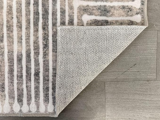 GLN Rugs Contemporary Collection - Machine Washable Area Rug, Contemporary Washable, Non Slip, Low Pile Chenille Rug, Living Room, Bedroom, Kitchen Rug (9' x 12' Lines Cream)