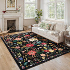 Living Room Rug 6x9 Rug Machine Washable Boho Area Rug Non Slip Floral Vintage Low Pile Large Rugs for Living Room, Bedroom, Farmhouse, Dining Room (Black)
