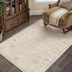 HUGEAR 3x5 Machine Washable Area Rugs Vintage Beige - Neutral Non Slip Stain Resistant Low Pile Aesthetic Throw Carpet Kids & Pet Friendly for Living Room Kitchen Dining Room Laundry