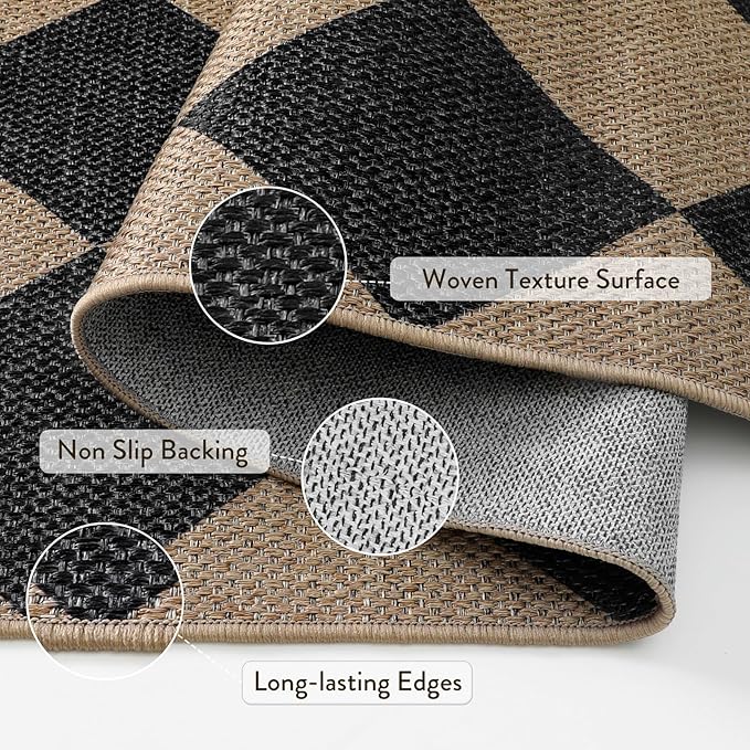 Lahome Checkered Easy Jute Patio Rug, 6x9 Washable Indoor Outdoor Rug, Farmhouse Neutral Non Slip Non Shedding Low Pile Floor Carpet for Deck Living Dining Room Office Mudroom
