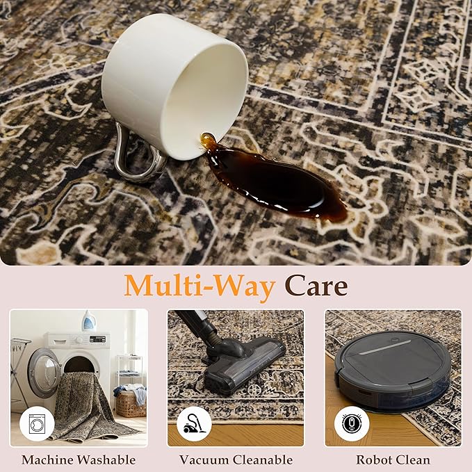 Washable 6x9 Area Rug for Living Room, Carpet for Bedroom Dining Room, Non Slip&Non-Shedding Resistant Low Pile Vintage Print Rug for Home Office (Brown1)
