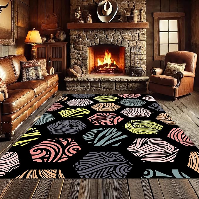 Large Living Room Area Rug 5x6ft,Modern Geometric Rugs, Multicolor Low Pile Farmhouse Carpet, Machine Washable & Non-Slip Non-Shedding for Classroom, Bedroom & Dorm