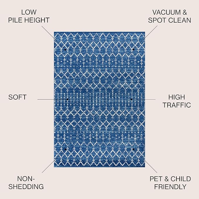 JONATHAN Y Boho Vintage Diamond Blue/White Indoor Area Rug 4X6 ft, Moroccan Hype for Living Room, Bedroom, Kitchen, Office, Easy-Cleaning, High Traffic, Pet-Friendly, Non-Shedding (MOH101A-4)