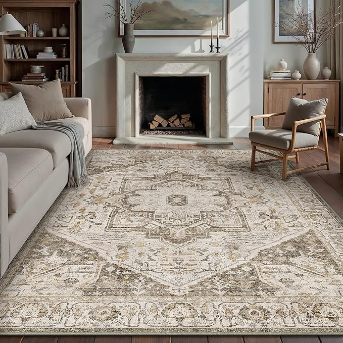 Brown Area Rug 9x12 Vintage Washable Distressed Living Room Carpet Large Indoor Non Slip Traditional Medallion Retro Low Pile Accent Throw Rug Bedroom Kitchen Office Dining Room