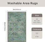Bavni 3x5 Area Rugs for Living Room, Machine Washable Rug Non Slip, Vintage Chenille Distressed Print Carpet, Large Low Pile Ultra-Thin Lightweight Rugs for Bedroom, Dining Room, Home, Office, Cyan