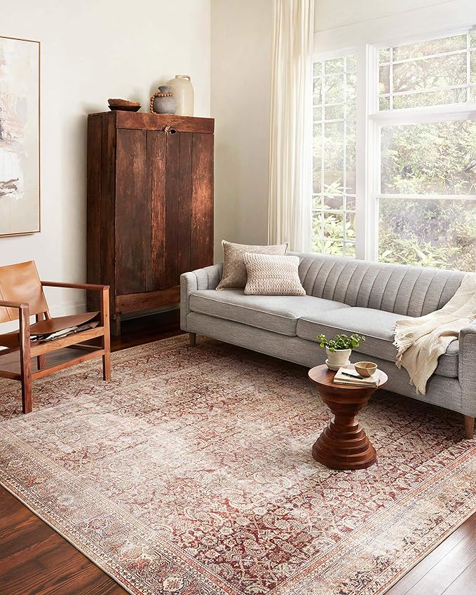 Loloi Layla Collection LAY-11 Cinnamon/Sage 9'-0" x 12'-0" .13" Thick Area Rug, Soft, Durable, Vintage Inspired, Distressed, Low Pile, Non-Shedding, Easy Clean, Printed, Living Room Rug