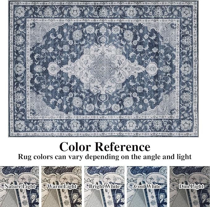 DUKINO 9x12 Area Rugs, Non Slip Distressed Living Room Rugs, Soft Large Washable Area Rugs with Low Pile & No Shedding, Faux Wool Rugs for Bedroom Aesthetic, Dining Room, Blue
