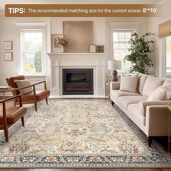 Bavni 5x7 Washable Area Rug Clearance for Living Room Rug Bedroom, Non-Slip, Boho Vintage Rugs Chenille Printed Low Pile for Dinning Room Homeoffice, Ivory/Teal