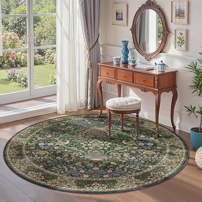 6ft Round Area Rugs for Living Room, Washable Floral Circle Rug Non Slip Low Pile, Vintage Boho Botanical Birds Throw Carpet for Farmhouse, Bedroom, Dining Room, Retro Gold/Green
