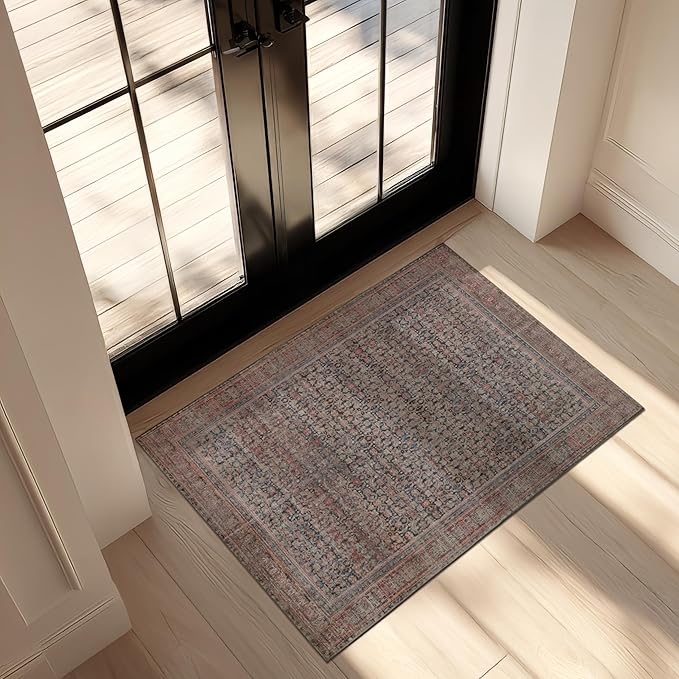 Kuden Area Rug, Machine Washable, Non-Slip Backing, Vintage Style, Soft, Low Pile, Perfect for Living Room, Bedroom, Kitchen, Dining Room - [2x3, Blue/Red]