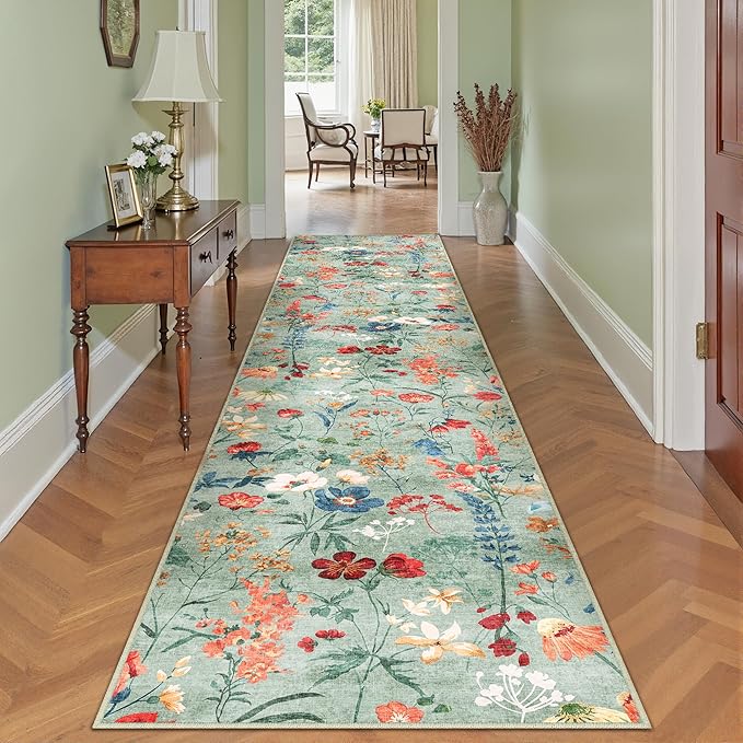 Floral Runner Rug 2x10 Washable Hallway Long Green Bedroom Carpet Non Slip Indoor Boho Kitchen Low Pile Accent Rug Lightweight Soft for Bathroom Dining Laundry Living Room