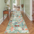 Floral Runner Rug 3x10 Washable Hallway Long Green Bedroom Carpet Non Slip Indoor Boho Kitchen Low Pile Accent Rug Lightweight Soft for Bathroom Dining Laundry Living Room