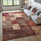 Tepook Modern Area Rug for Living Room, 8x10 Geometric Large Rugs for Bedroom, Washable Patchwork Rug Indoor Non-Slip Throw Carpets for Dining Room Office Farmhouse Home Decor, Red
