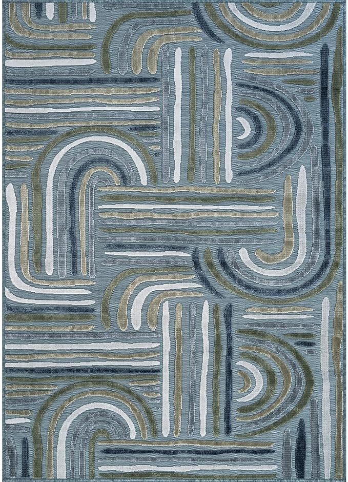 CAMILSON Indoor Outdoor Rug, Aqua 5x7 Geometric Arch Striped Area Rugs for Patio and Home Areas, Easy-Cleaning Non-Shedding Living Room, Garden and Deck Washable Outside Carpet (5 x 7)