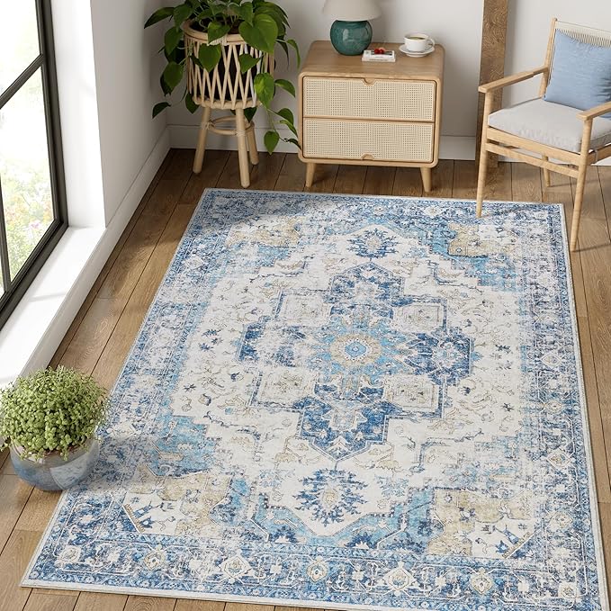 jinchan Kelda Area Rug 6x9 Washable Living Room Rug Vintage Soft Indoor Large Floor Cover Retro Distressed Mat Accent Lightweight Non-Slip Thin Carpet for Kitchen Bathroom Bedroom Blue