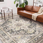 Washable Area Rug 8'x10' Black-Purple Khaki Retro Boho Design Non-Shedding Non-Slip Easy Care Ideal for High Traffic Areas in Living Room Bedroom Office Coffee Table Kitchen Large Carpet