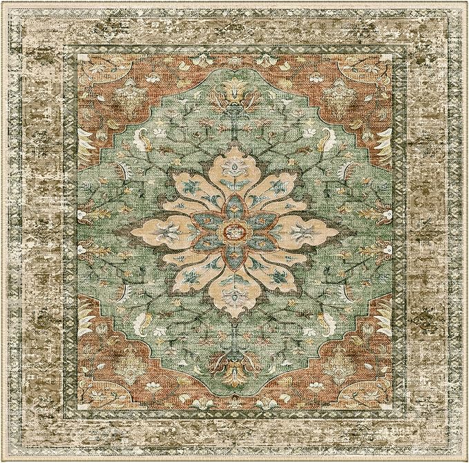 Area Rugs Square 10ft Washable Non-Slip, Floral Vintage Distress Print Pattern Medallion Carpet for Living Room Bedroom Dining Room, Brick Red Rust Neutral Brown Burnt Orange Green