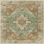 Area Rugs Square 6ft Washable Non-Slip, Floral Vintage Distress Print Pattern Medallion Carpet for Living Room Bedroom Dining Room, Brick Red Rust Neutral Brown Burnt Orange Green