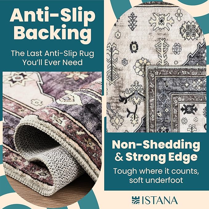 Istana Washable Rugs 3x5 - Dark Grey Blue/Rose Mauve Bedroom Rug - Kid & Pet Friendly 3x5 Area Rug - Rug Non Slip - Foldable Bedroom Rugs - Eco Friendly Area Rug