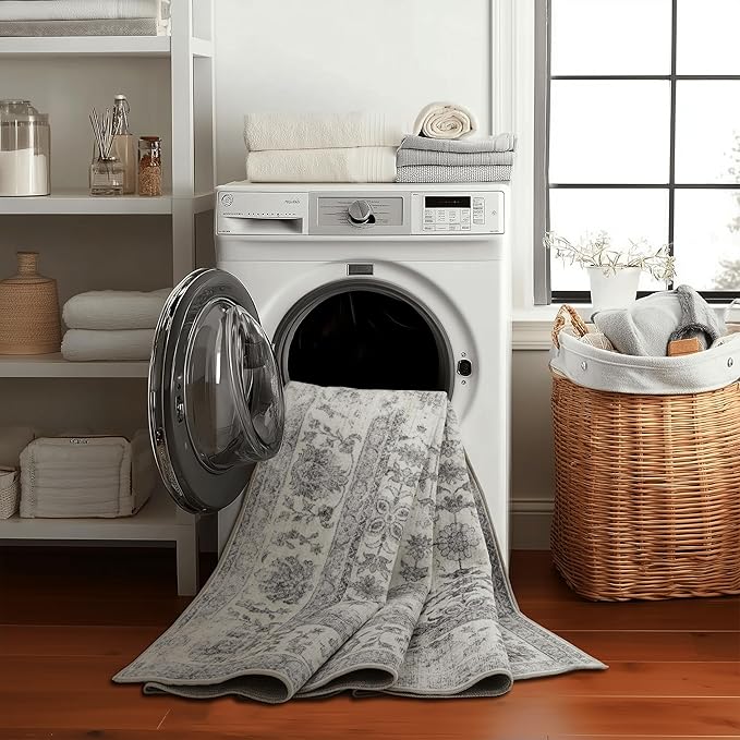 ReaLife Rugs Machine Washable Area Rug - Living Room Bedroom Bathroom Kitchen Entryway Office - Padded Low Pile Stain Resistant Premium - Boho Farmhouse Vintage - Noor - Ivory Grey 5' x 7'