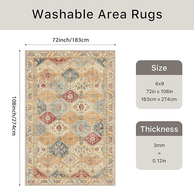 Bavni 6x9 Area Rugs for Living Room, Machine Washable Rug Non Slip, Vintage Chenille Distressed Print Carpet, Large Low Pile Ultra-Thin Lightweight Rugs for Bedroom, Dining Room, Home, Office, Orange