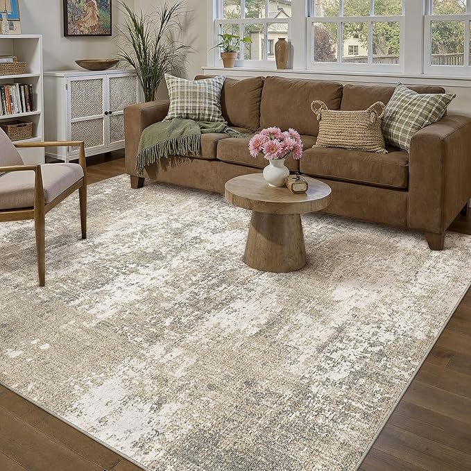 Beige Area Rug 5x7 Machine Washable Modern Abstract Living Room Carpet Non Slip Neutral Low Pile Soft Non Shedding Bedroom Contemporary Indoor Rug for Kitchen Office Laundry Dining Room