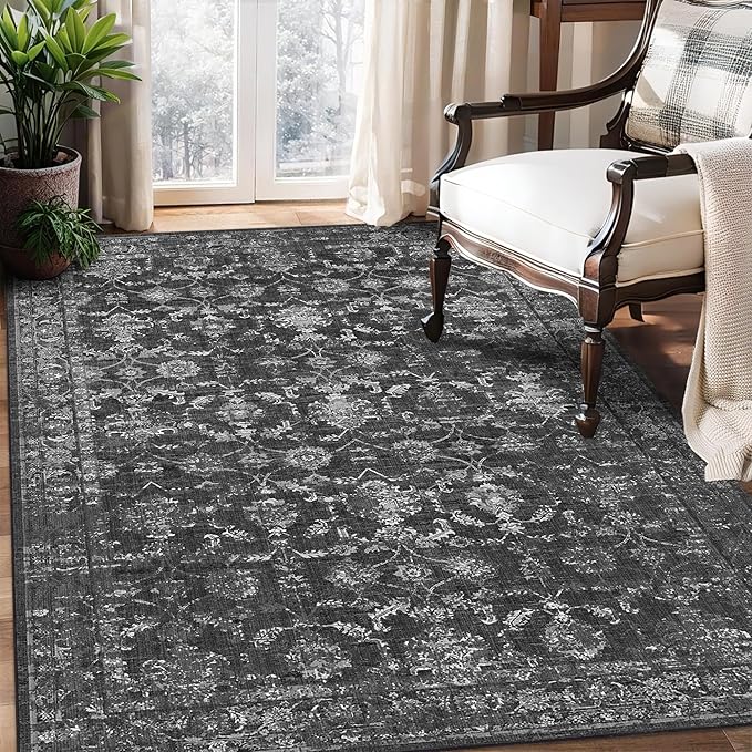 Washable Area Rug 4x6 Black Rugs for Living Room, Vintage Boho Large Rug for Bedroom Dining Room Office, Distressed Floral Print Carpet for Under Table, Soft Non Slip Low Pile Throw Carpet Indoor Mat