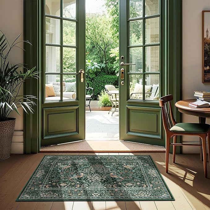 2x3 Floral Washable Area Rug for Entryway, Vintage Boho Rugs for Living Room Bedroom Dining Room, Botanical Birds Non Slip Low Pile Forest Animal Throw Carpet for Farmhouse Office, Retro Green/Blue