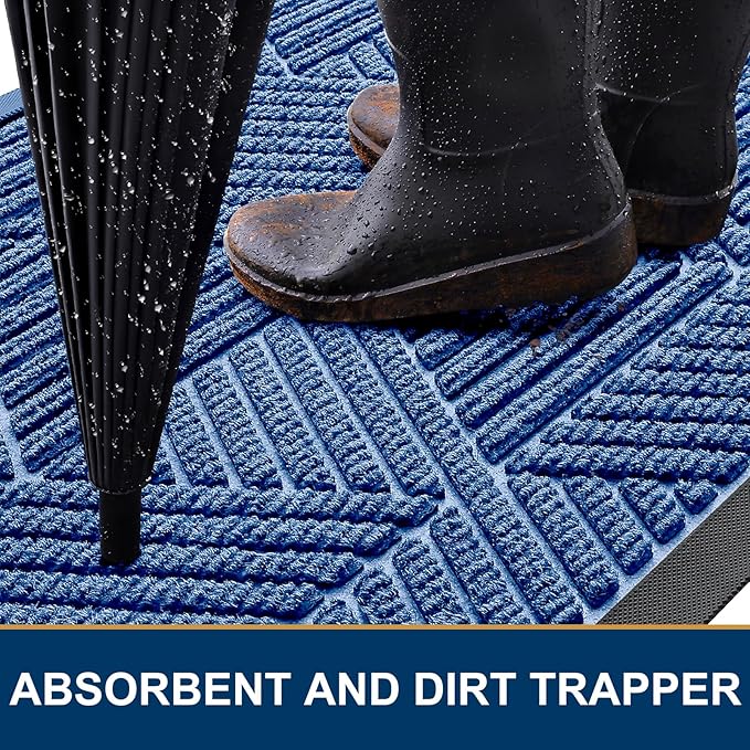 Kitinjoy Front Door Mat Outside Entrance, Sturdy Natural Dirt Trapper, Heavy Duty Rubber Doormat, Low Profile Non-Slip Backing, Easy Clean Floor Mat for Indoor Outdoor Entry, 47X32 Inch, Blue