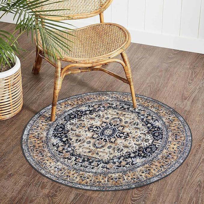 KOZYFLY Boho Round Rug 3 Ft Rugs for Entryway Washable Circle Rug Non Slip Doormat Gold Navy Printed Faux Wool Vintage Round Entryway Rug Floor Carpet Round for Entrance, Bedroom