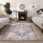 Bloom Rugs Washable Non-Slip 9' x 12' Rug - Terracotta/Blue Traditional Medallion Area Rug for Living Room, Bedroom, Dining Room, and Kitchen - Exact Size: 9' x 12'