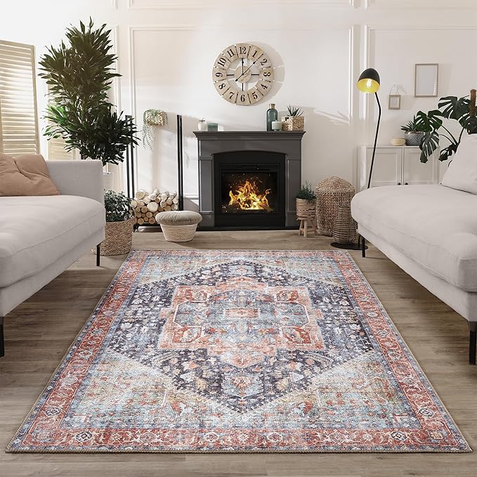 Bloom Rugs Washable Non-Slip 5' x 7' Rug - Terracotta/Blue Traditional Medallion Area Rug for Living Room, Bedroom, Dining Room, and Kitchen - Exact Size: 5' x 7'