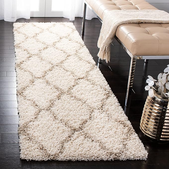 SAFAVIEH Dallas Shag Collection Runner Rug - 2'3" x 14', Ivory & Beige, Trellis Design, Non-Shedding & Easy Care, 1.5-inch Thick Ideal for High Traffic Areas in Living Room, Bedroom (SGD257B)