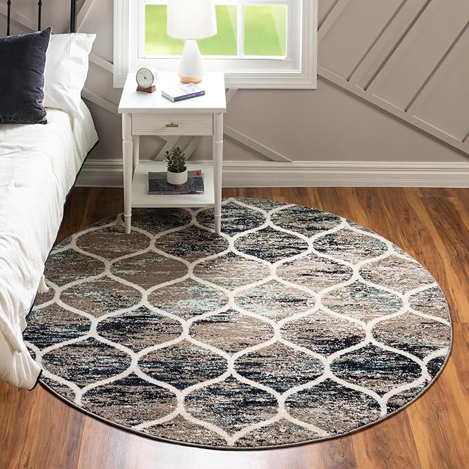 Rugs.com Lattice Frieze Collection Rug – 5' Round Blue Multi Medium Rug Perfect for Kitchens, Dining Rooms