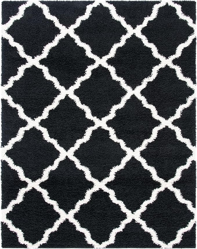 SAFAVIEH Dallas Shag Collection Area Rug - 8'6" x 12', Black & Ivory, Trellis Design, Non-Shedding & Easy Care, 1.5-inch Thick Ideal for High Traffic Areas in Living Room, Bedroom (SGD257Z)