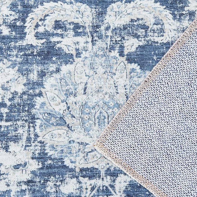 jinchan Fiora Hallway Runner Rug 3x8 Machine Washable Runner Rug Dark Blue Vintage Floral Design Non-Slip Low Pile Ultra-Thin for Kitchen Laundry Room Bedroom Farmhouse (3‘x8', Dark Blue)