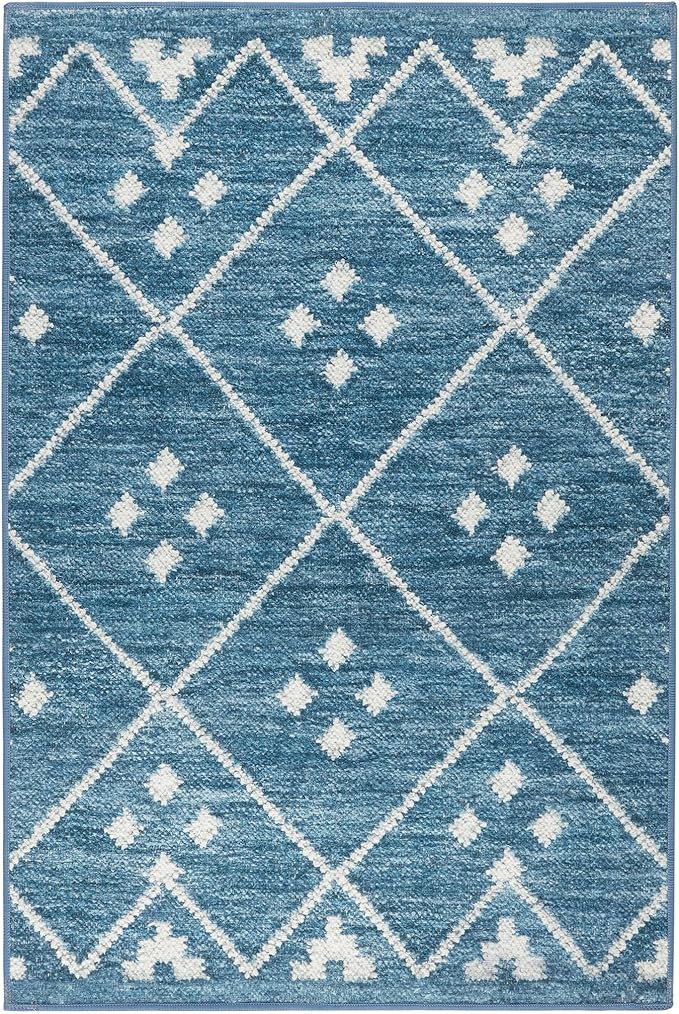 Dash and Albert Kota Machine Washable Area Rug - 2' x 3' Indigo - Diamond Accent Rug - Anti-Slip Backing, Lightweight, Machine Washable, High Traffic Areas Kitchen, Mudroom, Laundry Room