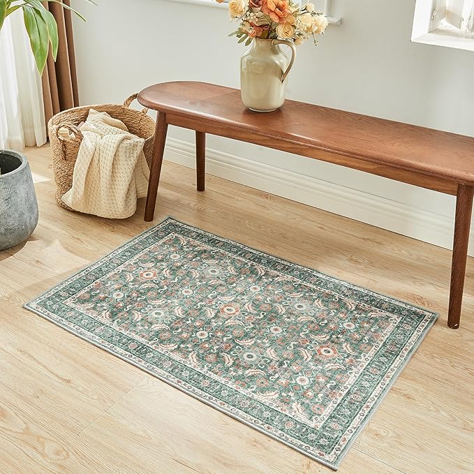 WITSHOCK Washable 2x3 Entryway Area Rug: Soft Non-Slip Backing Washable Rugs Vintage Flower Boho Accent Small Rugs for Bedroom, Kitchen, Bathroom, Nursery Entrance,Teal Blue