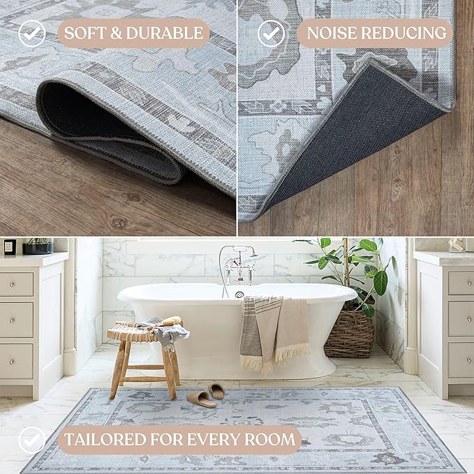 Fame Living Cream Beige Oushak Rug, Modern, Vintage, Turkish, Eclectic, Floral, Pastel, Washable, Area Rugs for Living Room, Dining, Bedroom, Office, Entryway, Foyer, Playroom, Nursery, 5'x6'9"