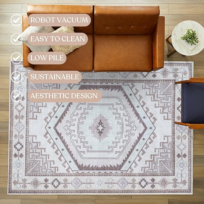 Fame Living Washable Area Rug. Modern Farmhouse. Vintage. Turkish. Bohemian. Distressed. Oriental. Traditional. Rugs for Living Room. Dining. Bedroom. Office. Entryway. Foyer. (856BrC, 2'5" x 6'5")
