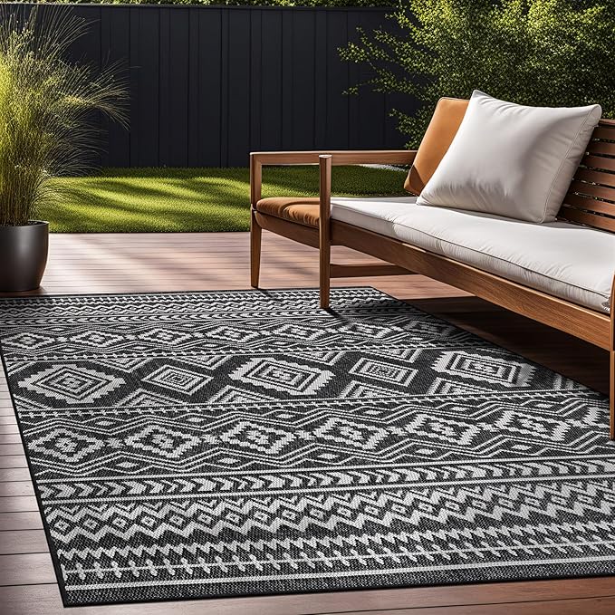 Beverly Rug Waikiki Boho Indoor Outdoor Rug 9x12, Washable Outside Carpet for Patio, Deck, Porch, Bohemian Area Rug, Farmhouse Rugs, Aztec Tribal Rug, Black and White