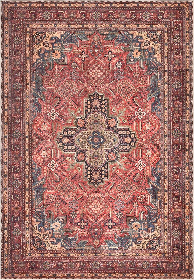 Bloom Rugs Washable Non-Slip 5' x 7' Rug - Red/Teal Blue/Yellow Traditional Medallion Area Rug for Living Room, Bedroom, Dining Room, and Kitchen - Exact Size: 5' x 7'