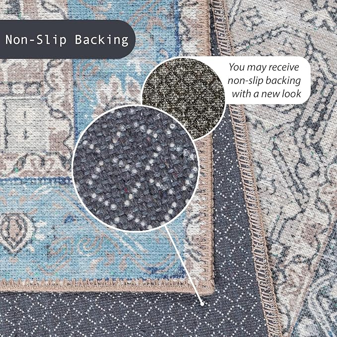 GLN Rugs Traditional Collection - Machine Washable Area Rug, Traditional Washable, Non Slip, Low Pile Chenille Rug, Living Room, Bedroom, Kitchen Rug (3' x 5' Brown/Blue)